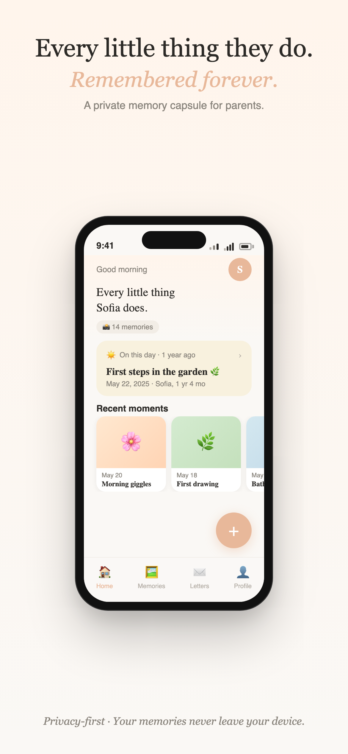 Firsts home screen showing memory feed and On this day recap